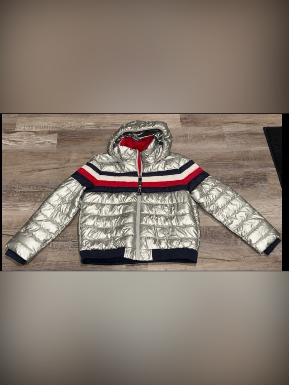 Like New Women's Tommy Hilfiger Tri Colored Metallic Hooded Puffer Coat Size XL